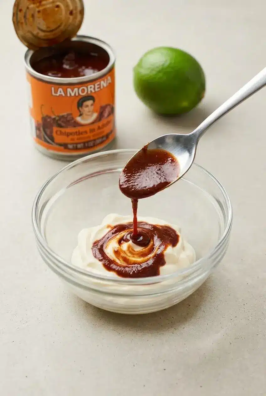 A spoon adding a swirl of dark red adobo sauce into a glass bowl of mayonnaise to create a smoky dressing for street corn.
