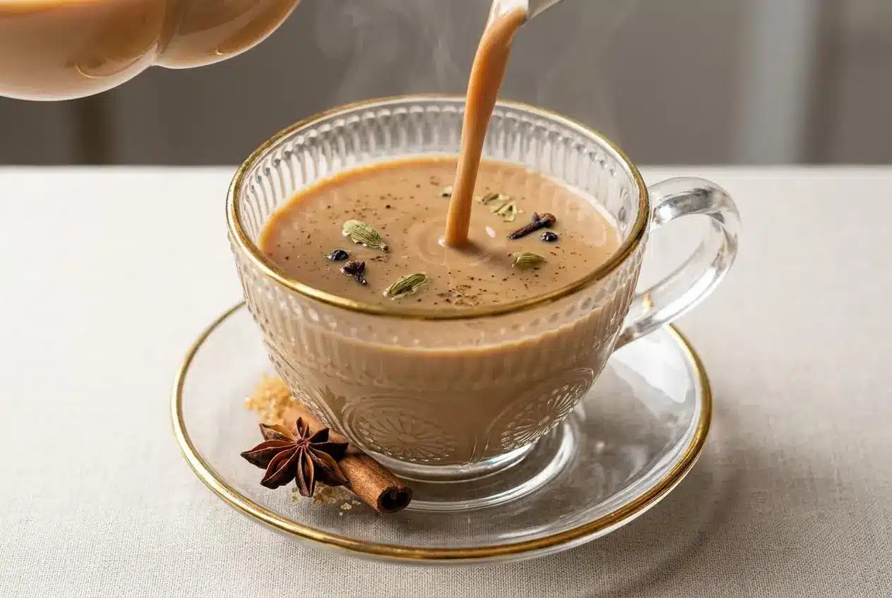 A rustic cup of smoky masala chai recipe, showing its creamy texture and rich amber color with a cinnamon stick resting on the saucer.