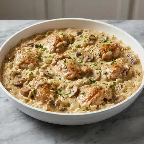 A skillet of smothered chicken and rice with golden-brown chicken thighs nestled in a rich, from-scratch creamy Dijon sauce.