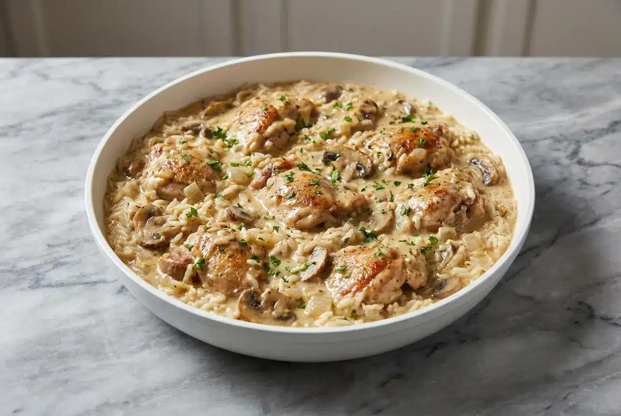 A skillet of smothered chicken and rice with golden-brown chicken thighs nestled in a rich, from-scratch creamy Dijon sauce.