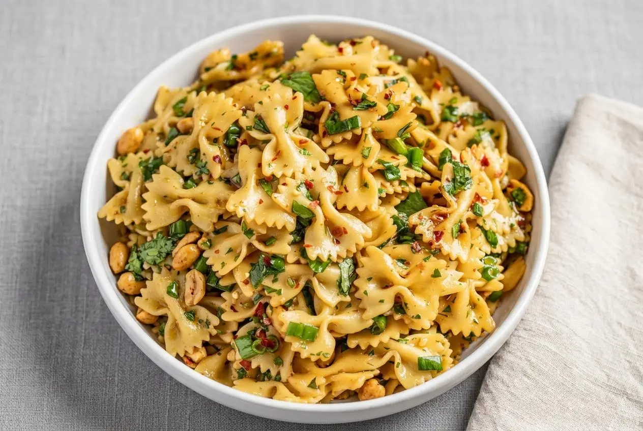 A large white bowl of Spicy Thai Pasta Salad with bowtie pasta, cilantro, and peanuts, all coated in a glossy sesame dressing.