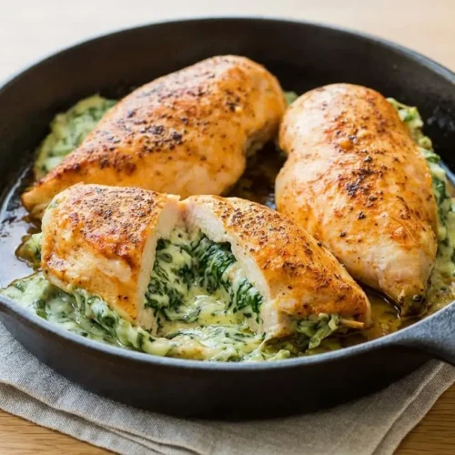 Spinach stuffed chicken breast with a golden-brown sear, sliced open to reveal the creamy, cheesy filling inside.