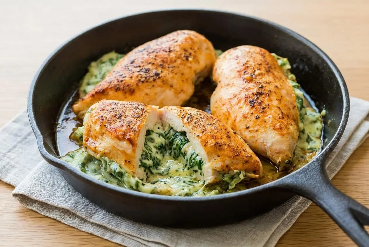 Spinach stuffed chicken breast with a golden-brown sear, sliced open to reveal the creamy, cheesy filling inside.