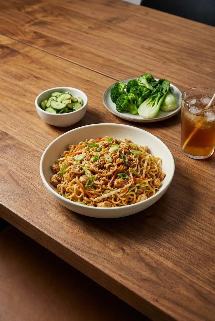 Two meal prep containers filled with finished Sticky Garlic Chicken Noodles, garnished with scallions and ready for storage.