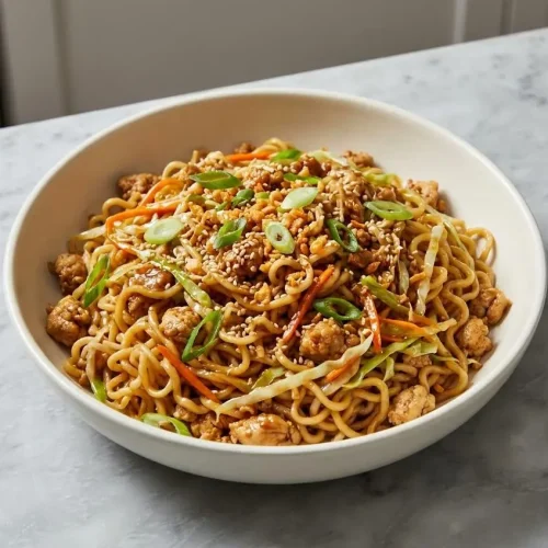 A bowl of Sticky Garlic Chicken Noodles topped with a generous amount of crispy fried garlic chips and fresh scallions.