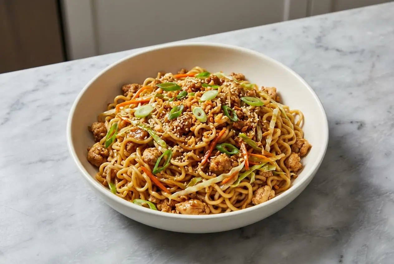 A bowl of Sticky Garlic Chicken Noodles topped with a generous amount of crispy fried garlic chips and fresh scallions.