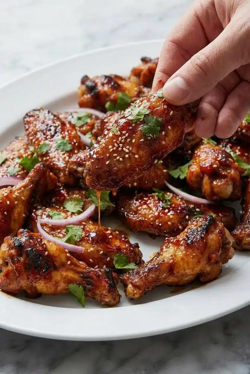 A close-up of crispy, baked Guava Glazed Chicken Wings, showing the thick, sticky browned butter and rum glaze clinging to the skin.