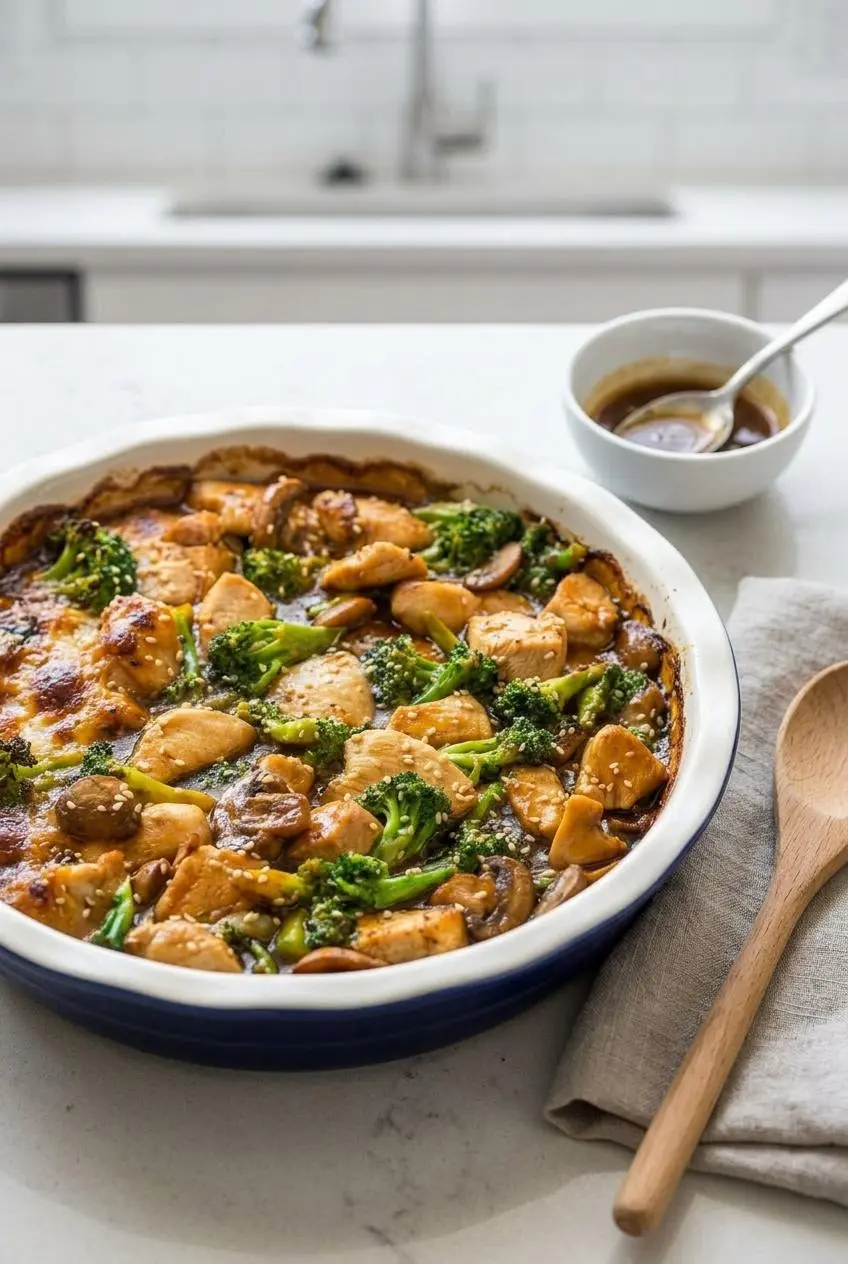 Chicken and broccoli stir fry in a skillet on a kitchen counter, showing the correct thick and glossy sauce consistency, not a watery
