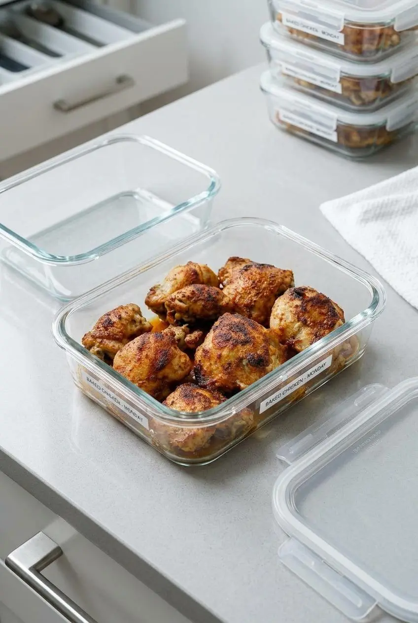 Cooked and cooled boneless chicken thighs arranged neatly in a rectangular glass container for meal prep.