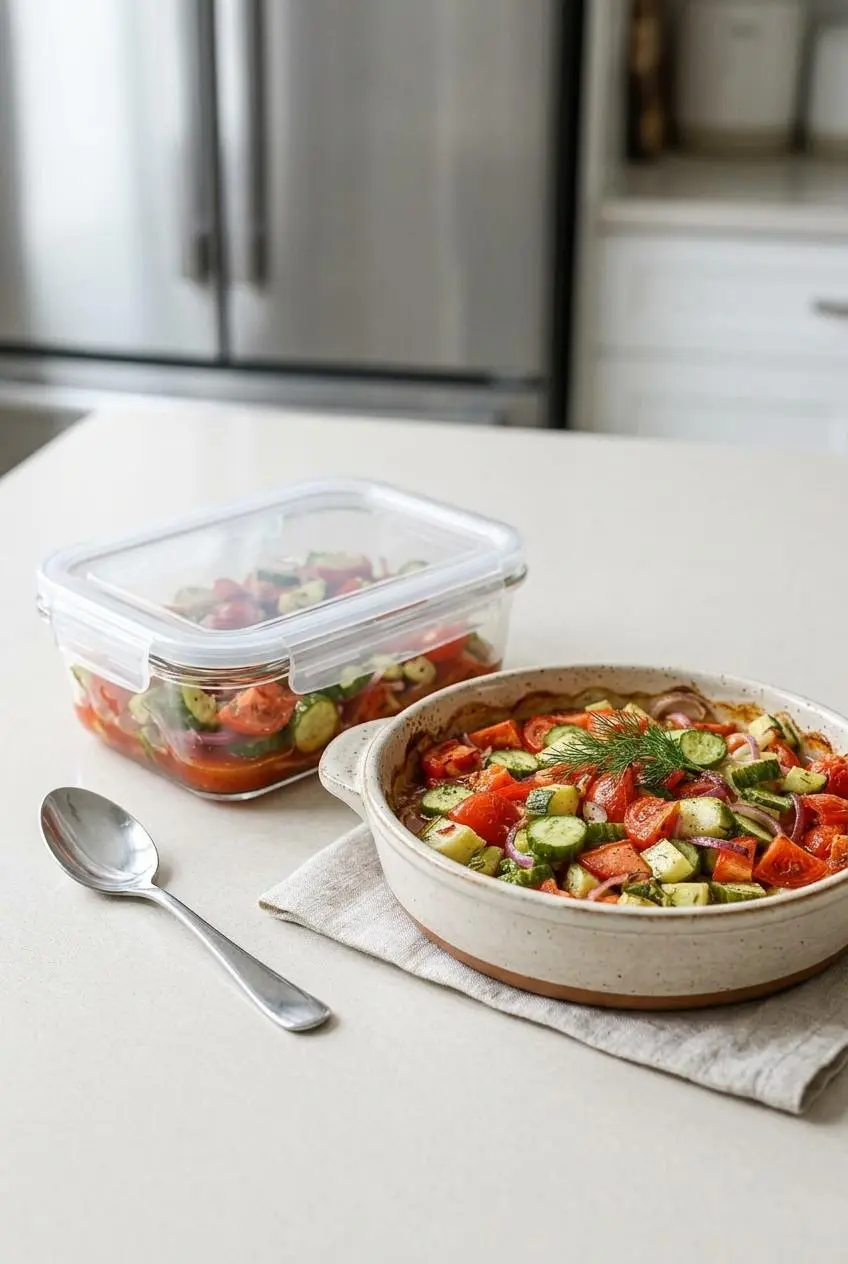 A bowl of cucumber tomato salad on a kitchen counter next to a clear airtight container holding an extra portion for storage.