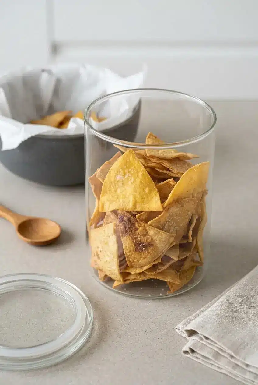 Cooled homemade tortilla chips being transferred into a large, clear glass airtight container on a kitchen counter for storage.