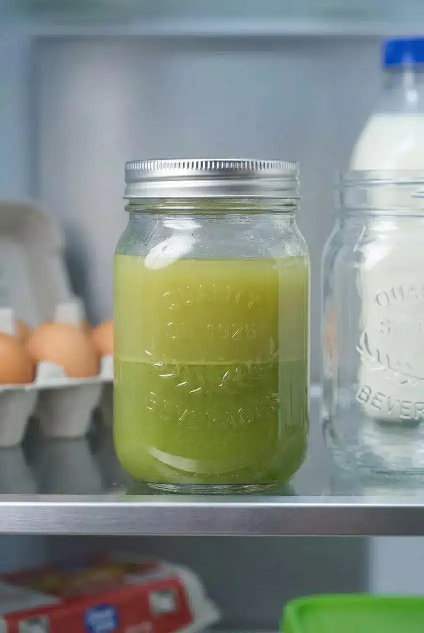 Homemade celery juice in a sealed glass jar, showing the natural separation that occurs during refrigeration.
