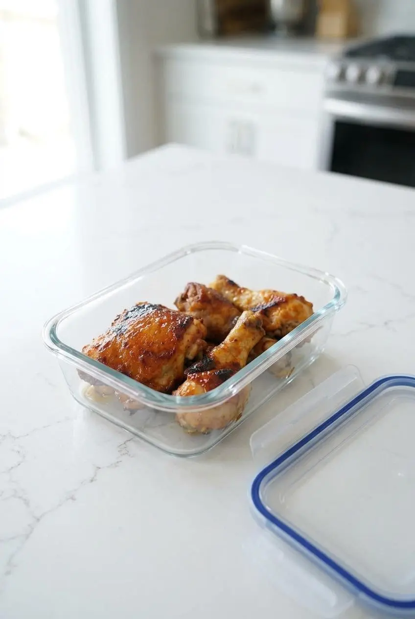 Three pieces of leftover baked BBQ chicken being placed into a rectangular glass food storage container on a light kitchen counter.