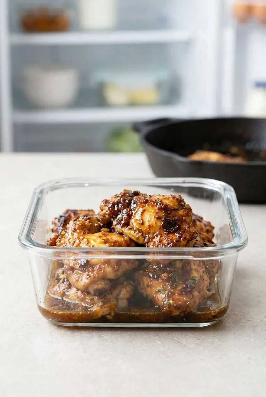 Leftover balsamic chicken thighs with their glaze stored in a rectangular glass container on a kitchen counter.