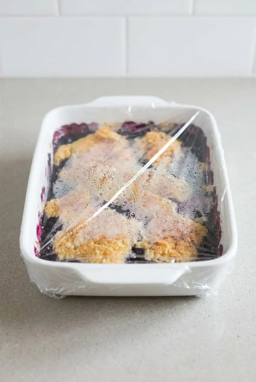 Leftover blueberry cobbler in its white baking dish, covered tightly with clear plastic wrap to show how to store it.