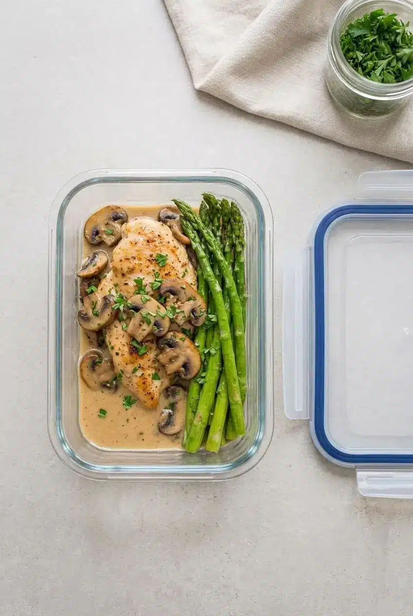 A single serving of leftover Chicken Madeira with asparagus and mushrooms stored in a rectangular glass container, ready for refrigeration.