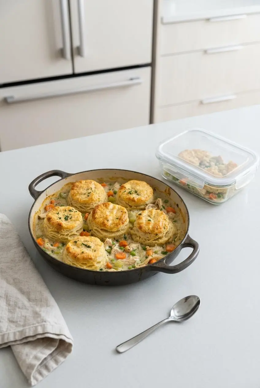 Overhead view of leftover chicken pot pie in its baking dish next to a portion stored in an airtight container for later.