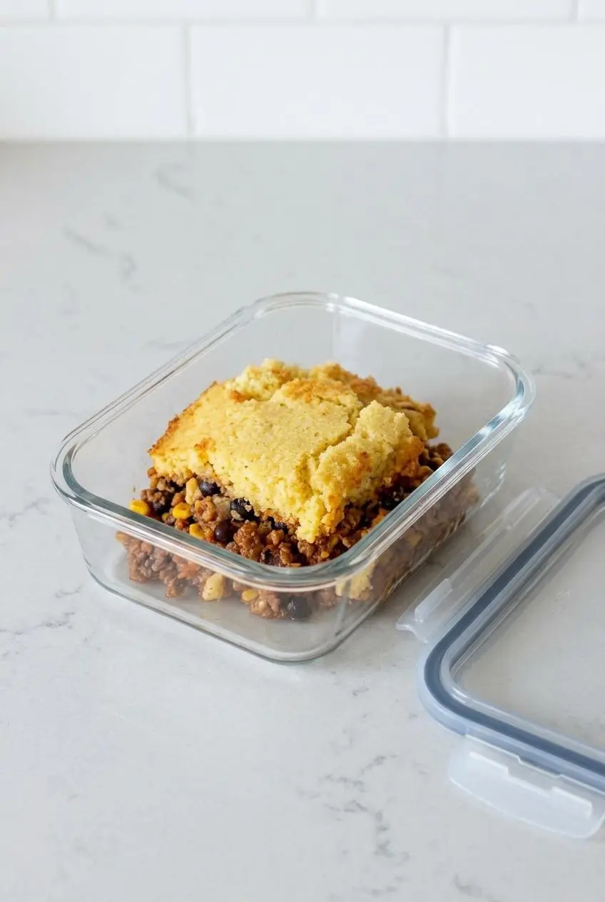 A neat square portion of chili cornbread casserole placed in a clear glass food storage container, ready for leftovers.