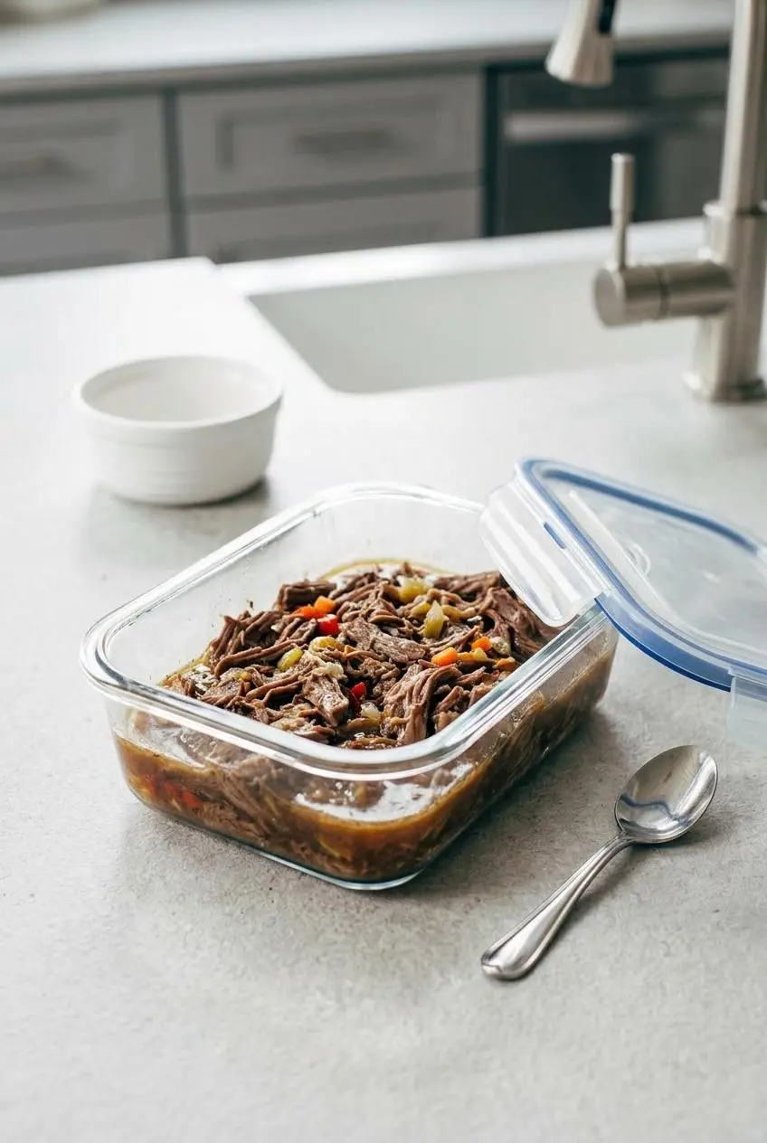 Leftover shredded Italian beef and its juices stored in a clear glass container on a kitchen counter, ready for refrigeration.