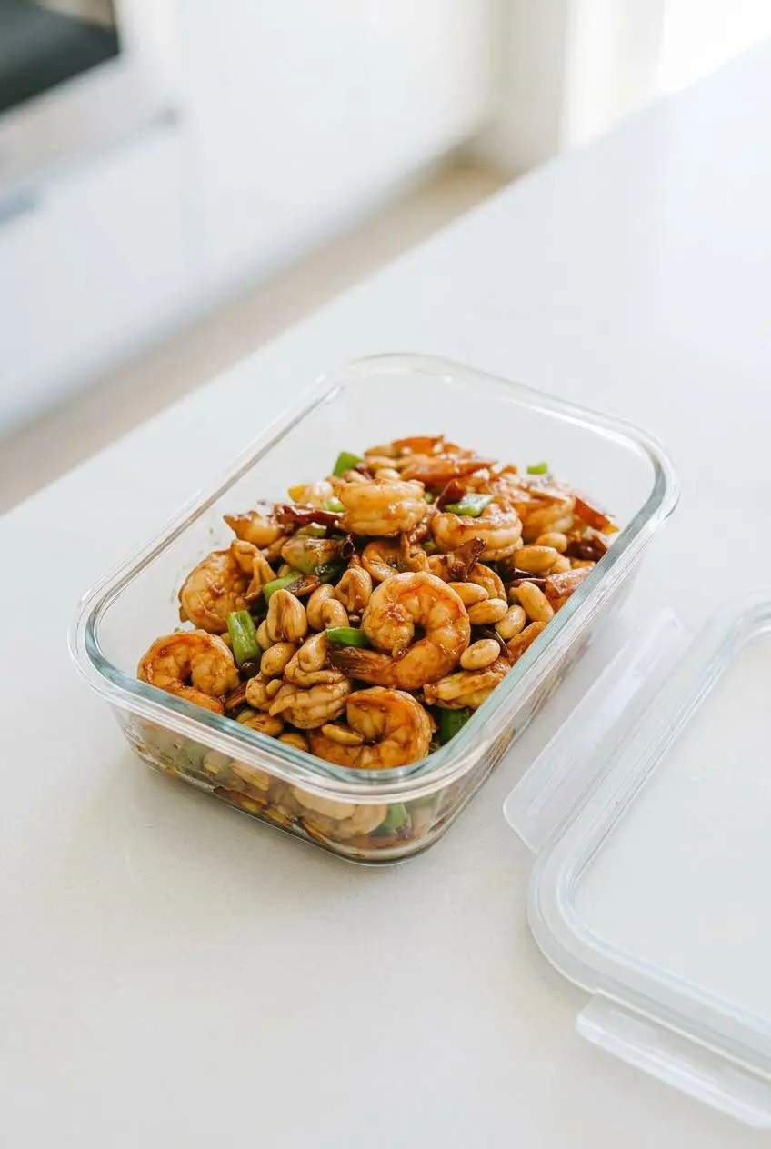 Leftover kung pao shrimp neatly arranged in a rectangular glass food storage container with the lid off, ready for refrigeration.
