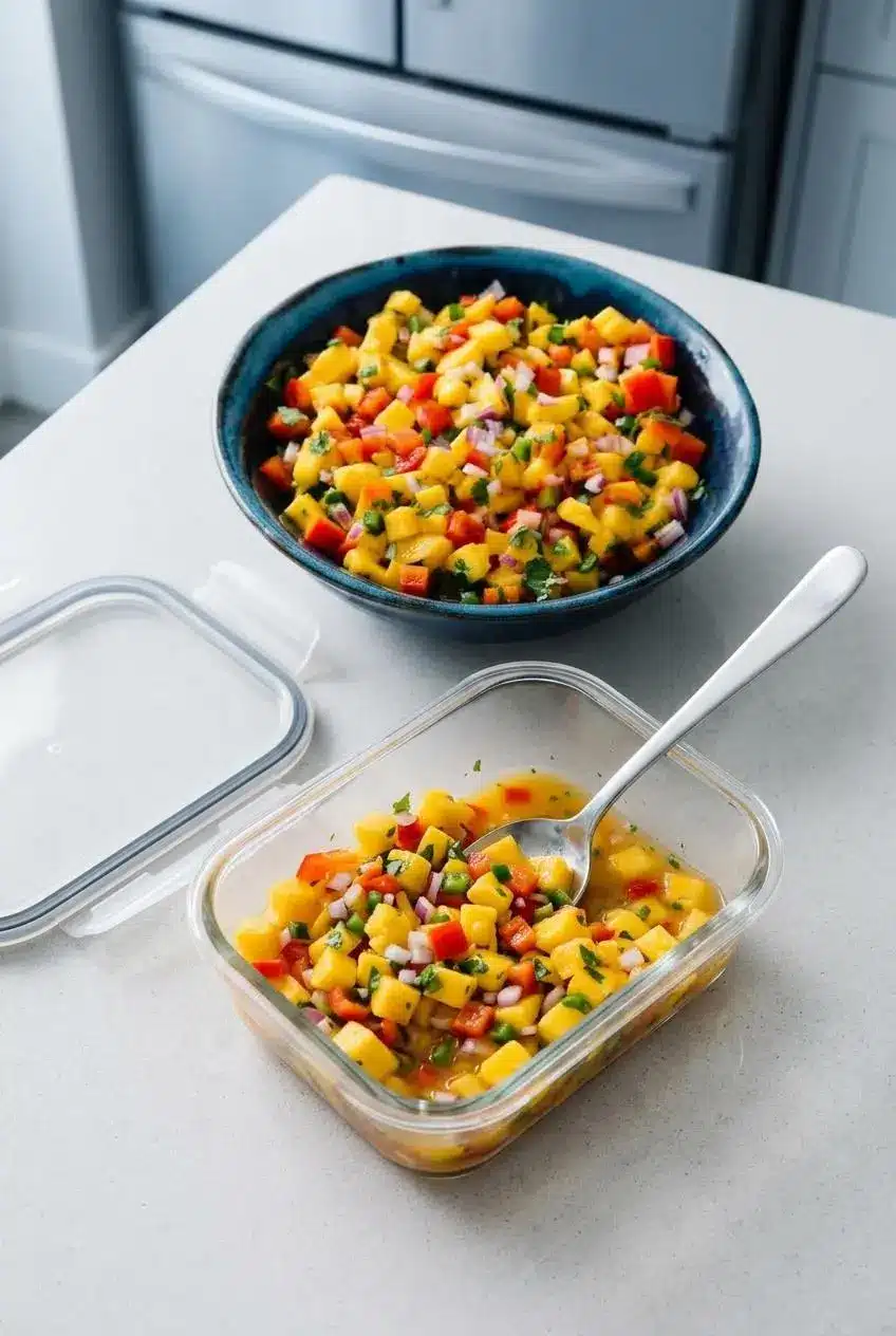 Overhead view of mango salsa being spooned from a bowl into a clear glass storage container on a kitchen counter.