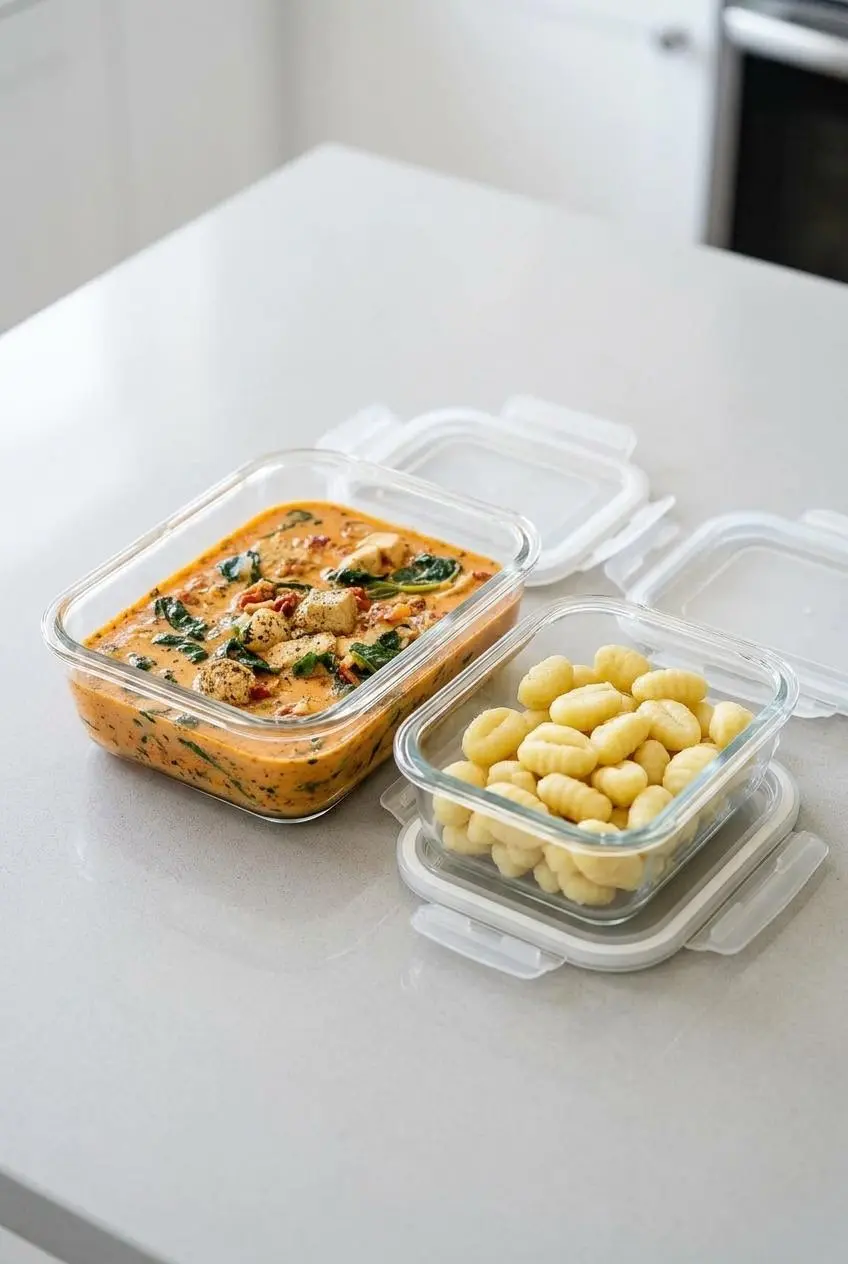 Two glass food storage containers on a kitchen counter: one holds the soup base, and the other holds the cooked gnocchi separately.