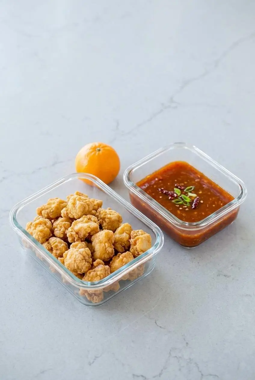 Two glass containers on a countertop, one holding cooked crispy chicken pieces and the other holding orange sauce, ready for storage.