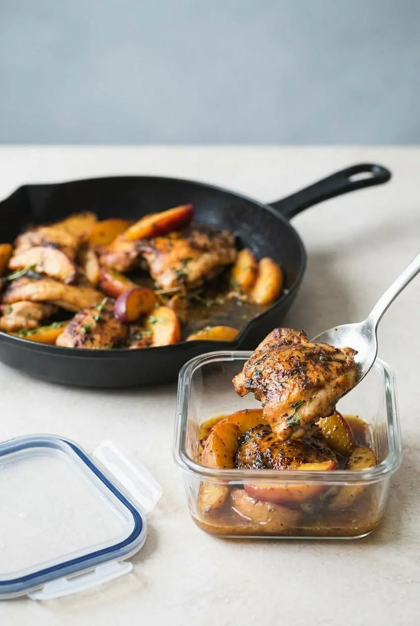 A portion of cooked peach chicken being transferred from a skillet into a clear glass storage container for leftovers.