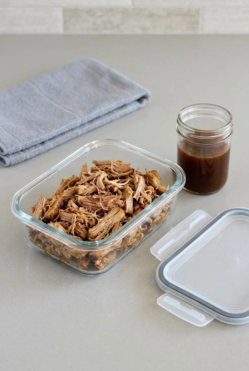 Leftover shredded carnitas in a glass storage container next to a small jar of reserved cooking liquid on a kitchen counter.
