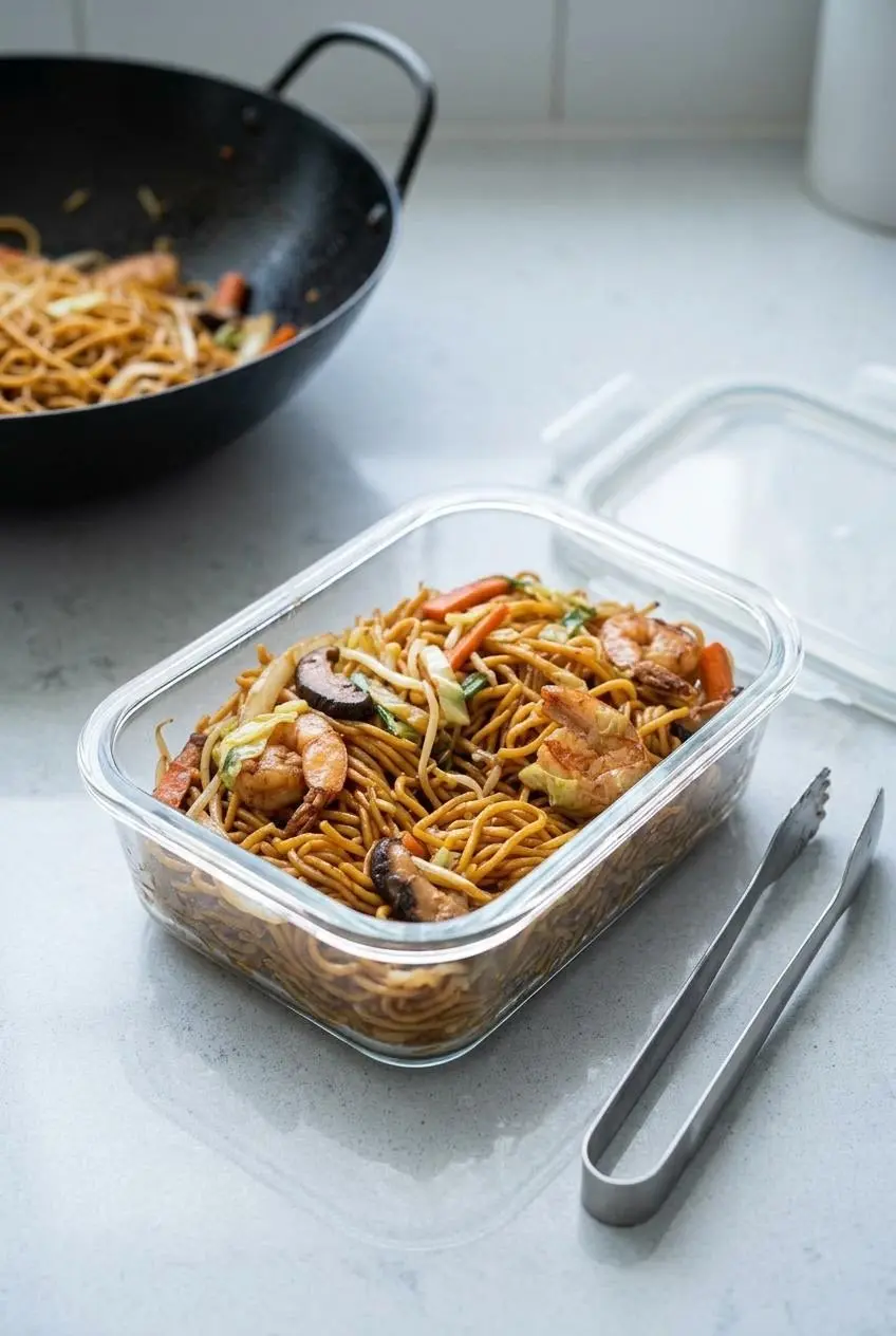 Leftover shrimp lo mein portioned into a rectangular glass container for storage or meal prep.
