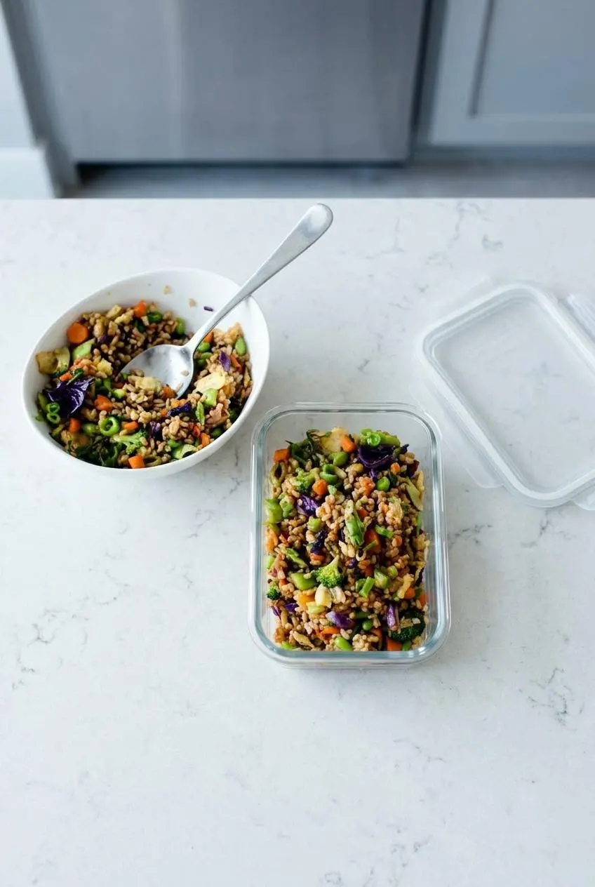 An overhead shot showing leftover vegetable fried rice being portioned from a skillet into a rectangular glass container for storage.