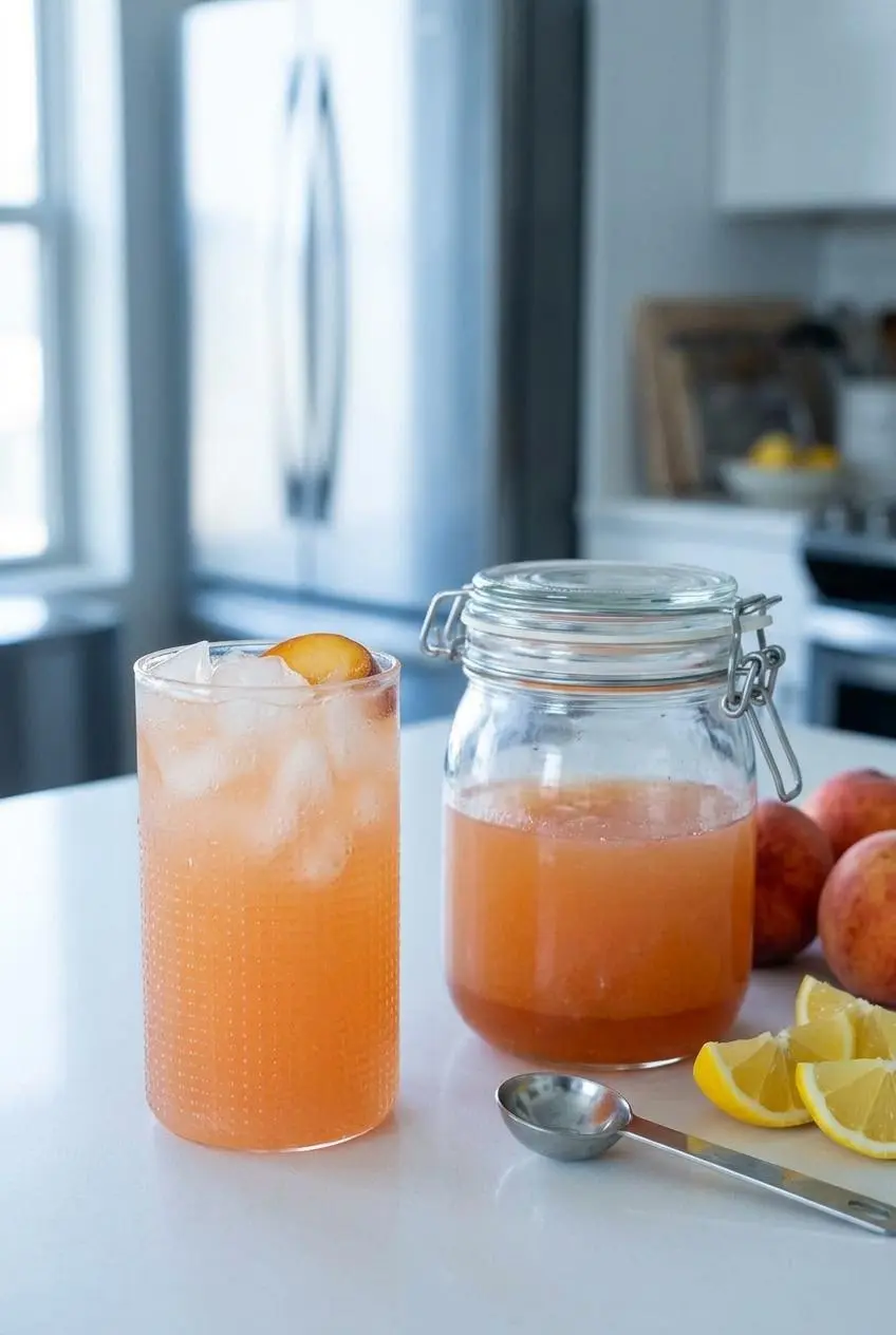 A pitcher of prepared peach lemonade next to a sealed glass jar of peach simple syrup on a kitchen counter.