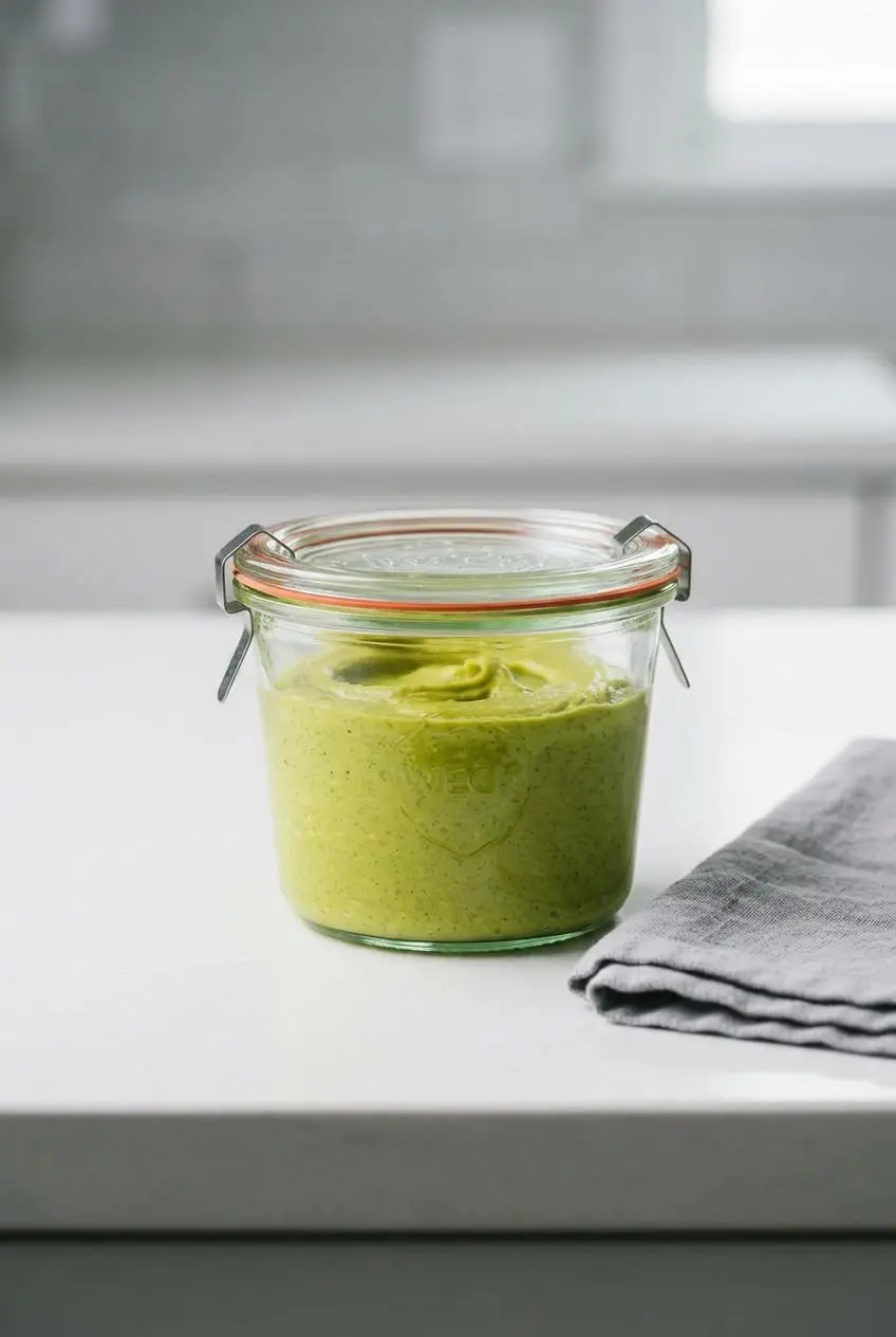 A sealed glass jar of homemade pistachio cream on a kitchen counter, ready for storage in the refrigerator.