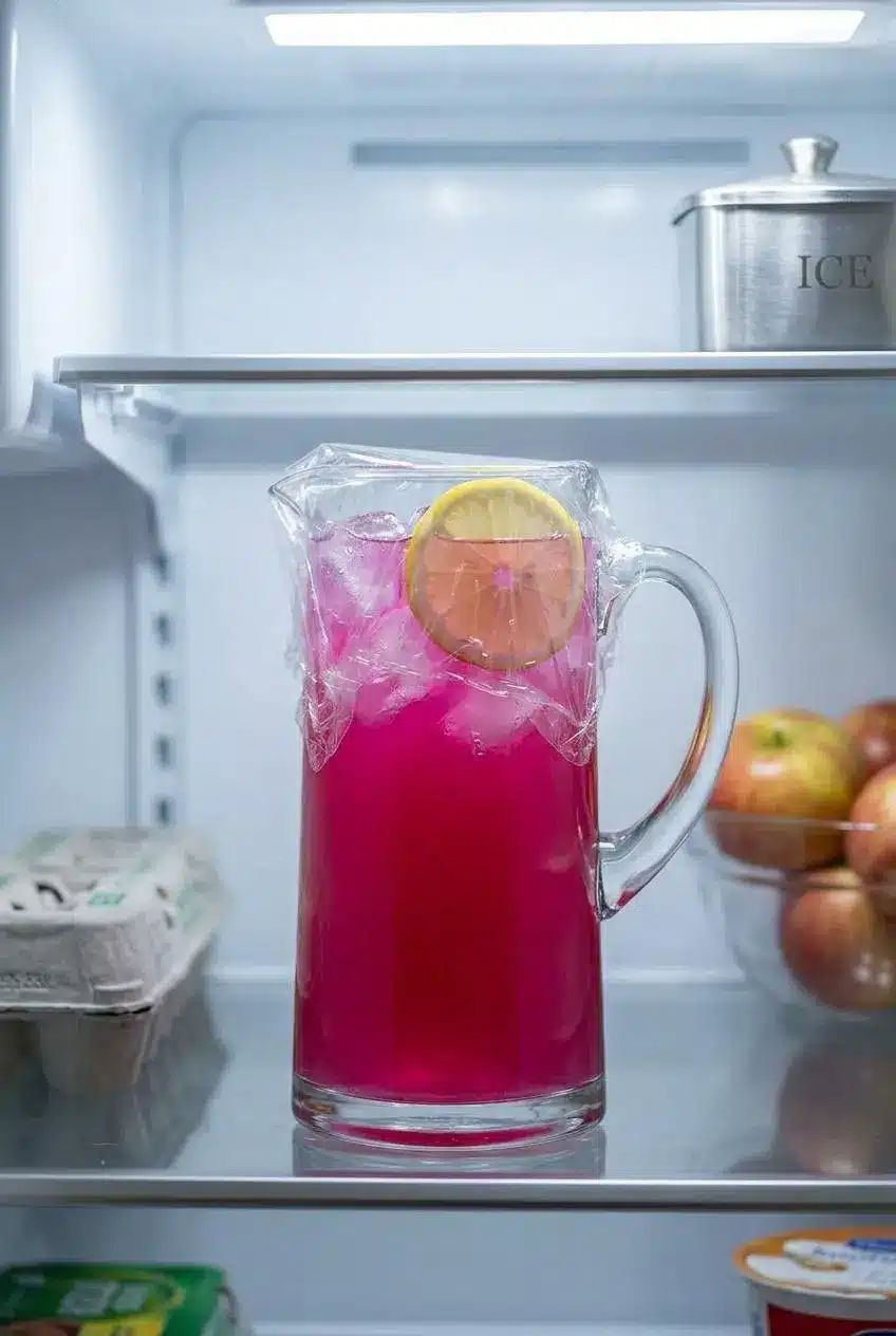A glass pitcher of magenta-colored prickly pear lemonade, covered securely with plastic wrap, sitting on a shelf inside a refrigerator.