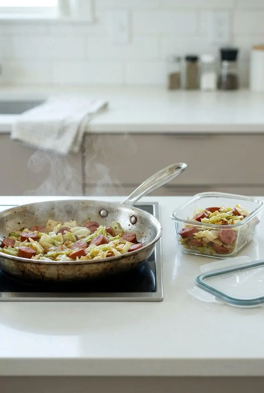 Leftover cabbage and sausage being reheated in a skillet on a stovetop, with a glass storage container of leftovers next to it.
