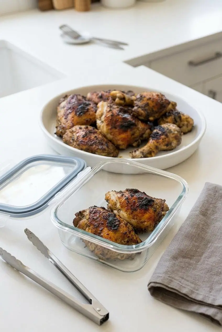 Leftover jerk chicken thighs from a dish being placed into a clear airtight container for storage.