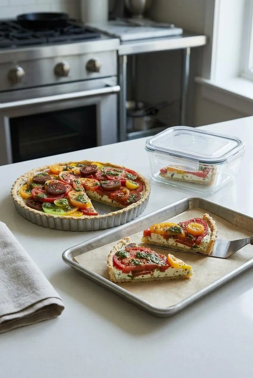 Leftover tomato tart slices on a parchment-lined tray for reheating, with the rest of the tart and a storage container nearby.