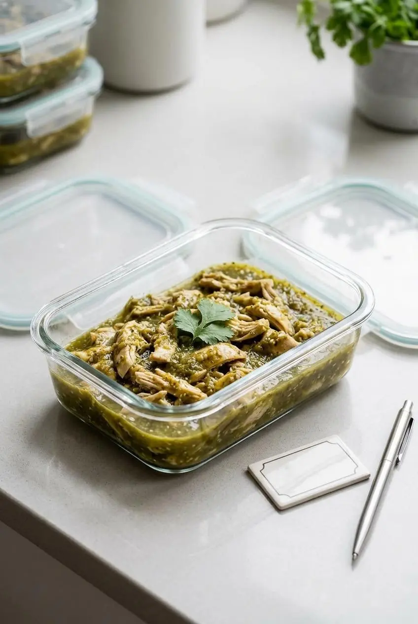 Salsa verde chicken portioned into a rectangular glass food storage container on a light gray kitchen counter, ready for meal prep.