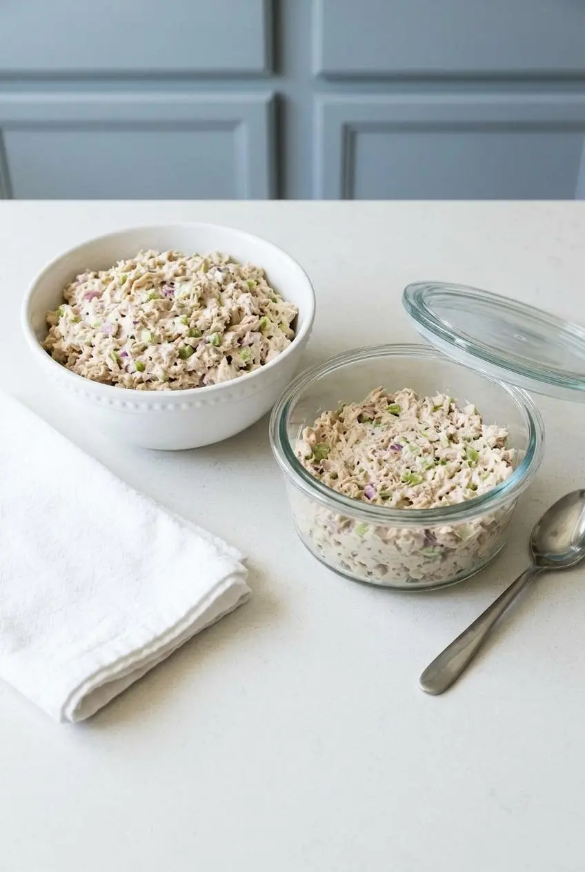 Tuna salad in a mixing bowl next to an airtight glass container, demonstrating how to properly store it to keep it fresh.