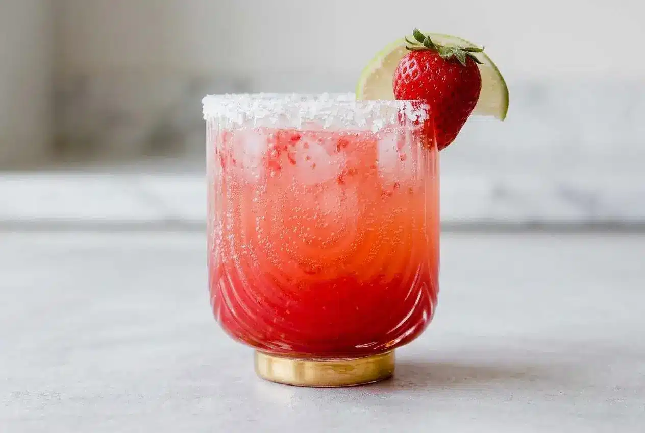 A vibrant red Strawberry Lime Mocktail Margarita in a salt-rimmed glass, garnished with a fresh strawberry and a lime wheel.
