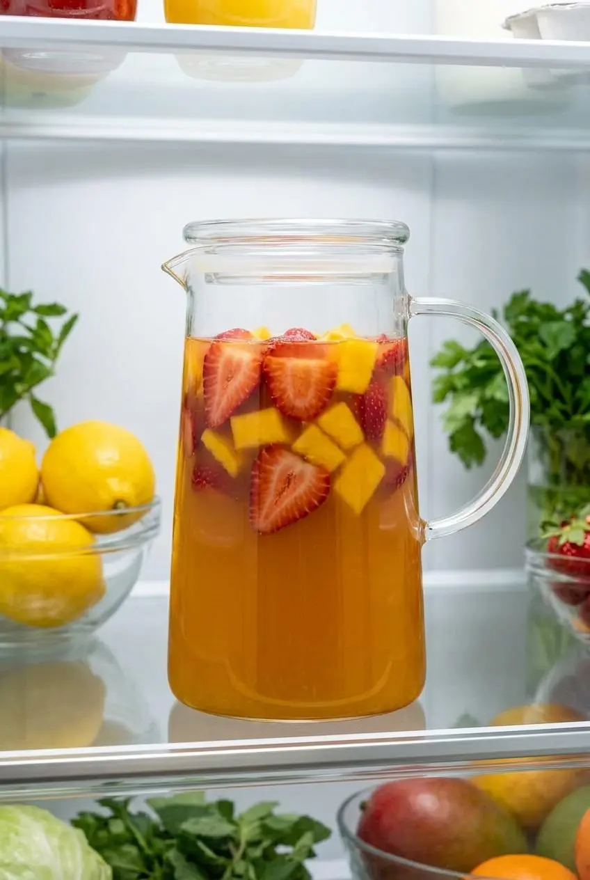 A sealed glass pitcher of concentrated orange lemonade base sitting on a glass shelf inside a clean refrigerator.