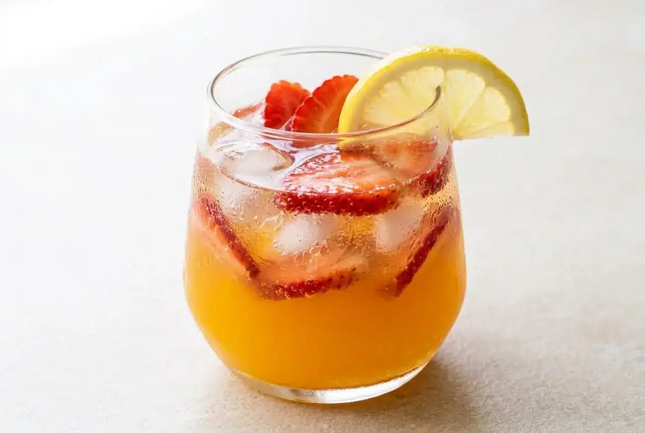 A tall glass of vibrant orange strawberry mango lemonade filled with ice, a lemon wheel, and a fresh strawberry slice.
