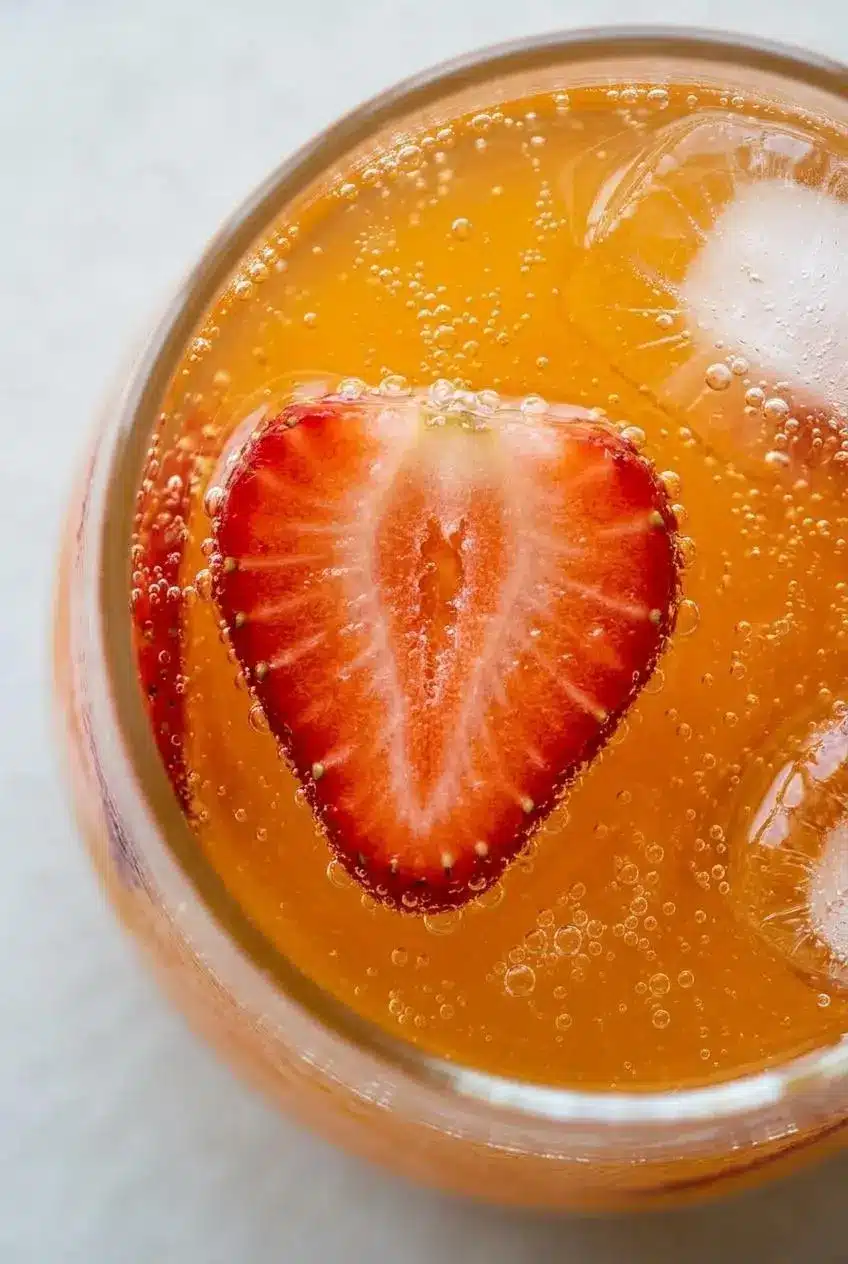 An extreme close-up view into a glass of lemonade, showing tiny sparkling water bubbles and a bright red strawberry slice.