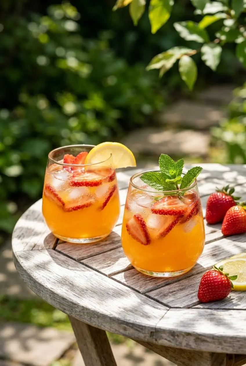 Two glasses of strawberry mango lemonade on a sun-dappled patio table, one garnished with a sprig of fresh mint.
