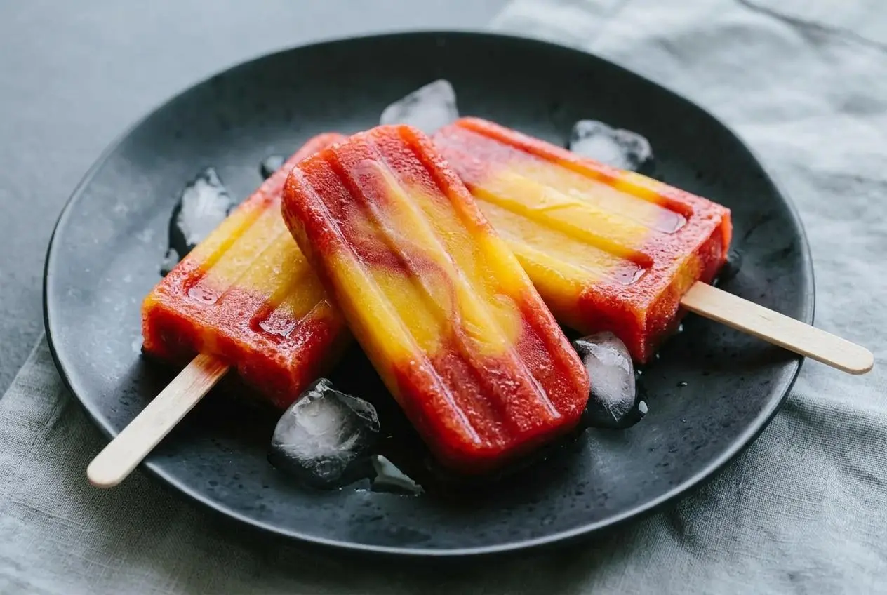 A finished Strawberry Mango Popsicle with distinct red strawberry and golden mango layers, showing a smooth, vibrant texture.