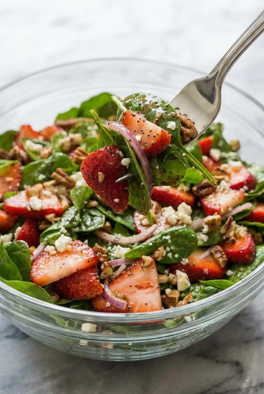 A close-up view of the Strawberry Poppyseed Salad, showing the texture of the crisp spinach, crumbled feta, and crunchy pecans.