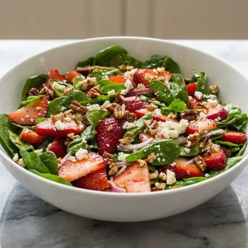 A large bowl of Strawberry Poppyseed Salad with feta and pecans, served with two distinct homemade balsamic and creamy dressings.