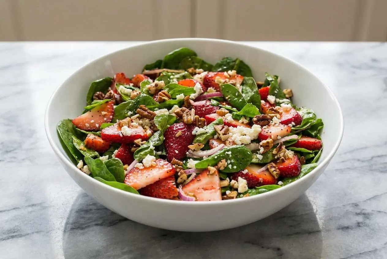 A large bowl of Strawberry Poppyseed Salad with feta and pecans, served with two distinct homemade balsamic and creamy dressings.
