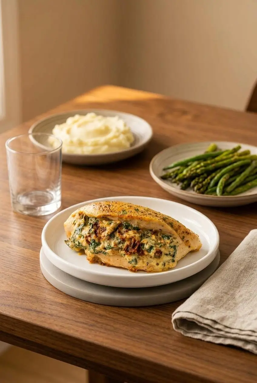 A serving of spinach stuffed chicken from a skillet, shown on a dinner table with a side of mashed potatoes and roasted green vegetables.