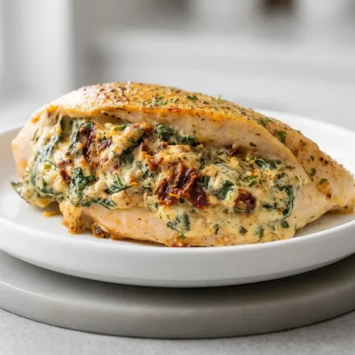 Stuffed Chicken Breast with a creamy spinach and cheese filling, baked to a golden brown in a cast iron skillet.